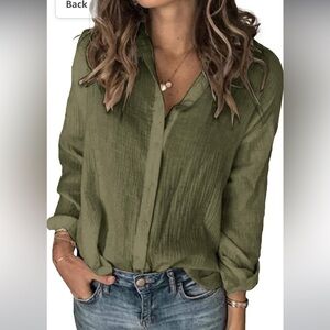 Size Medium Long Sleeve Button Down Cotton Linen Shirt Loose Fit Army Green